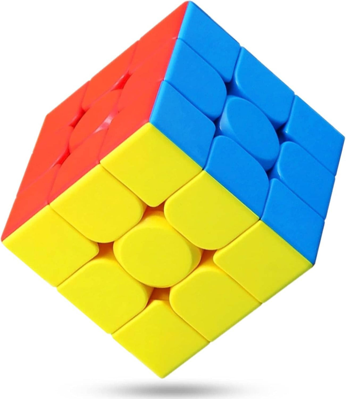 Stickerless 3x3 speed cube with blue, yellow, and red sides, corner-cut design