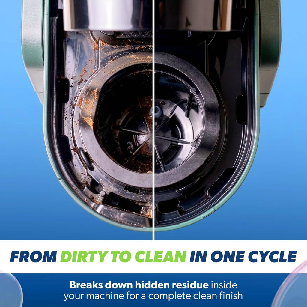 K-Cup cleaning cycle shows coffee brewer chamber moving from dirty to clean