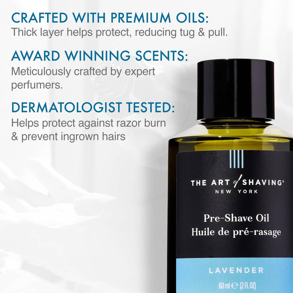 Lavender pre-shave oil bottle with black cap, The Art of Shaving, 2 fl oz.
