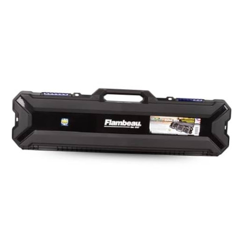 Black portable rod bunk box with carry handle and snap latches, Flambeau branding.