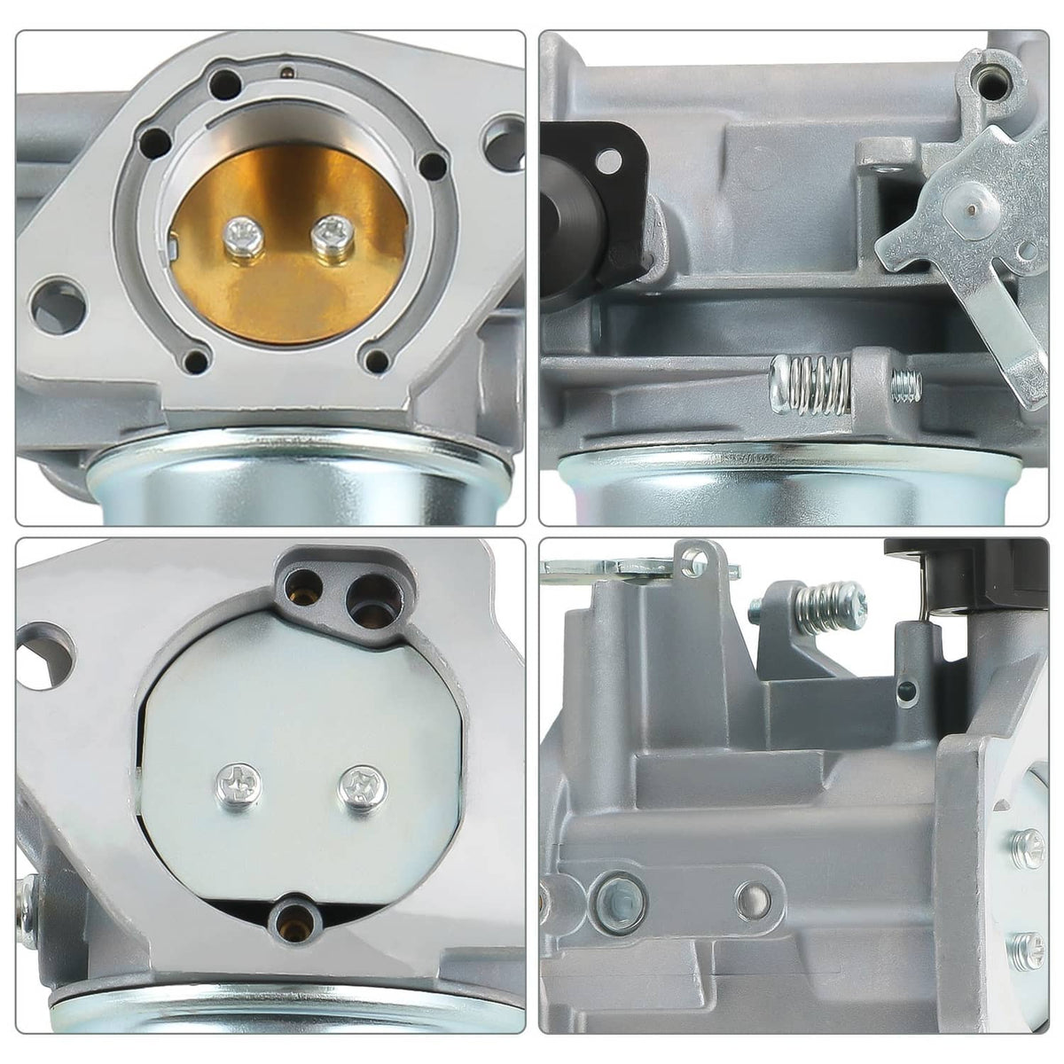 Close-up carburetor parts: gold diaphragm, valve plate, and metal spring components