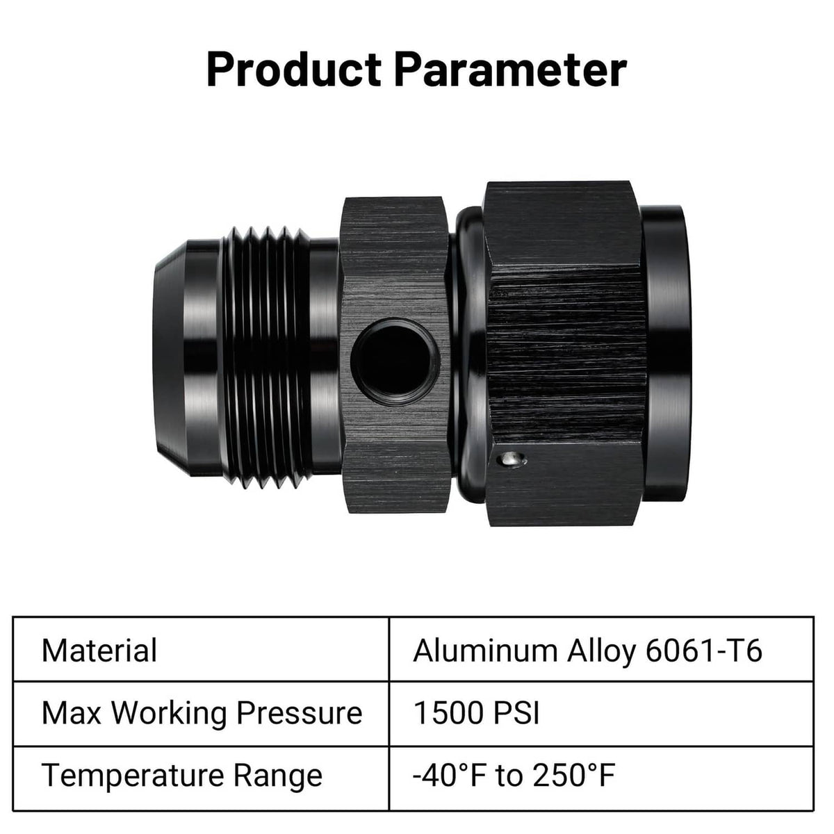 Black aluminum AN16 male-to-female flare fitting with 1/8 NPT port