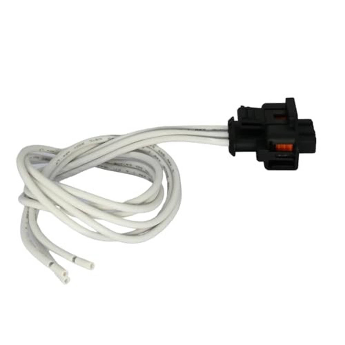 Throttle-position sensor pigtail with black connector housing and white wire leads