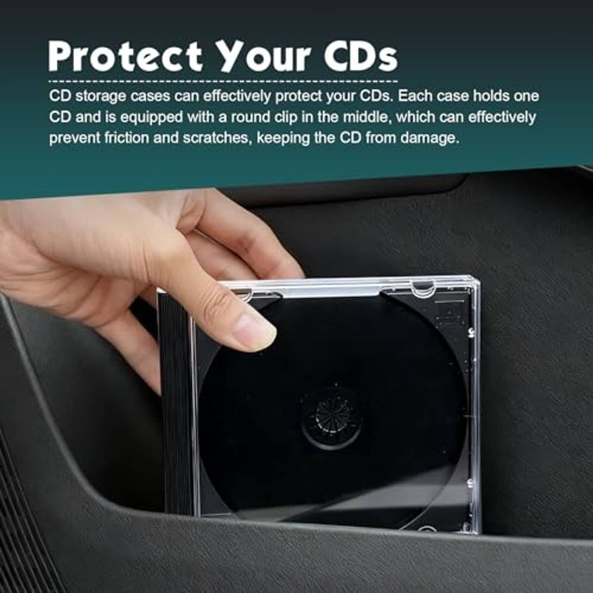 Hand inserting a disc into a clear CD jewel case with a central clip