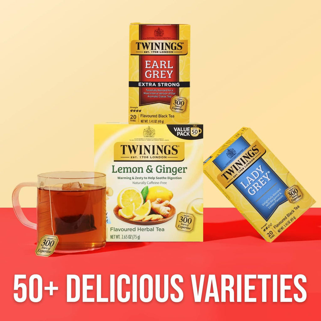 Twinings tea variety display with Earl Grey Extra Strong tea bags and boxed packs