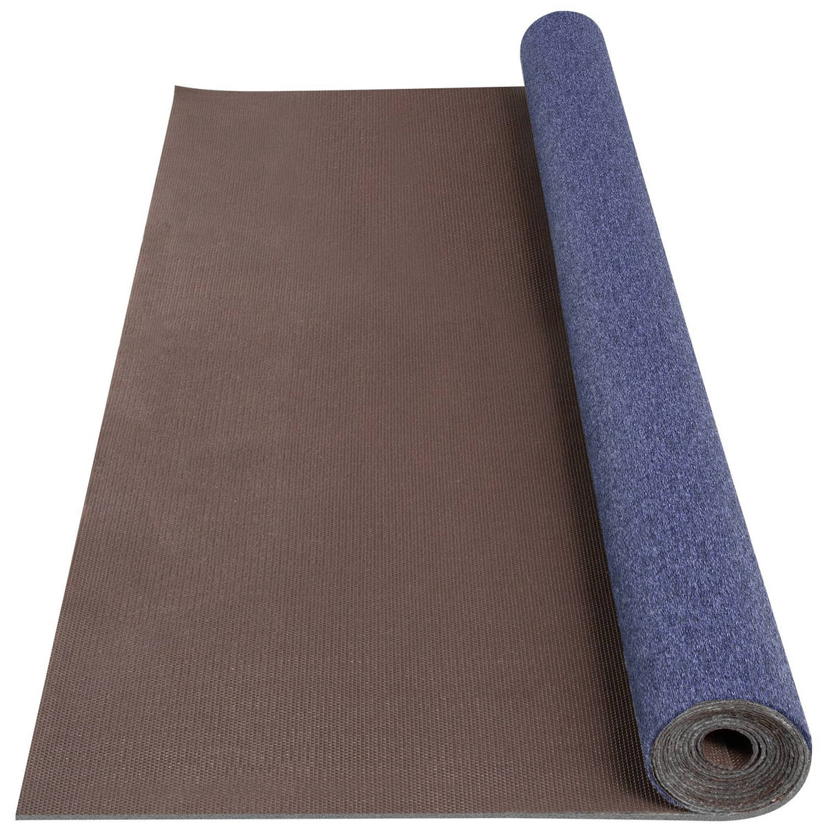 Cutpile marine deck carpet: brown sheet with blue rolled section
