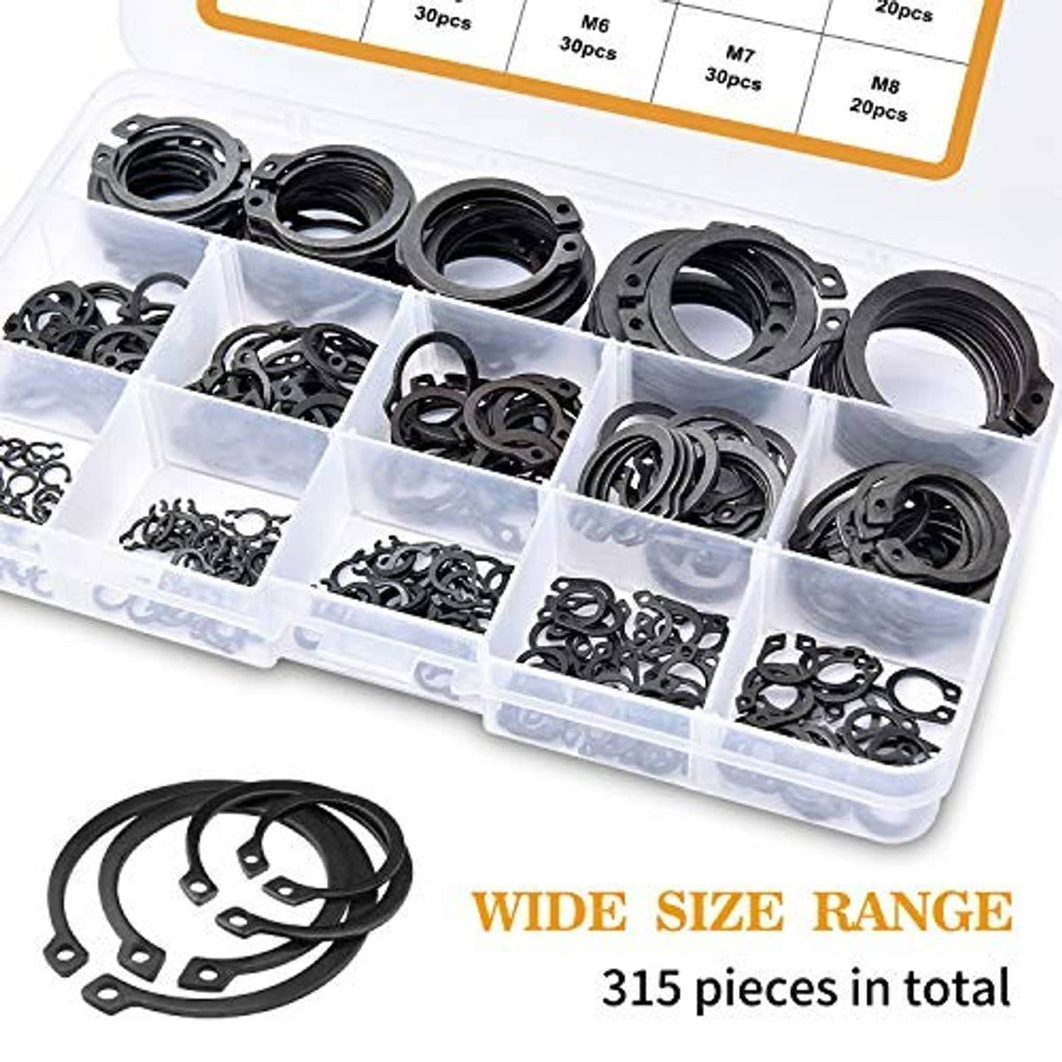 Snap ring assortment in divided clear plastic tray, black circlips and mixed pieces