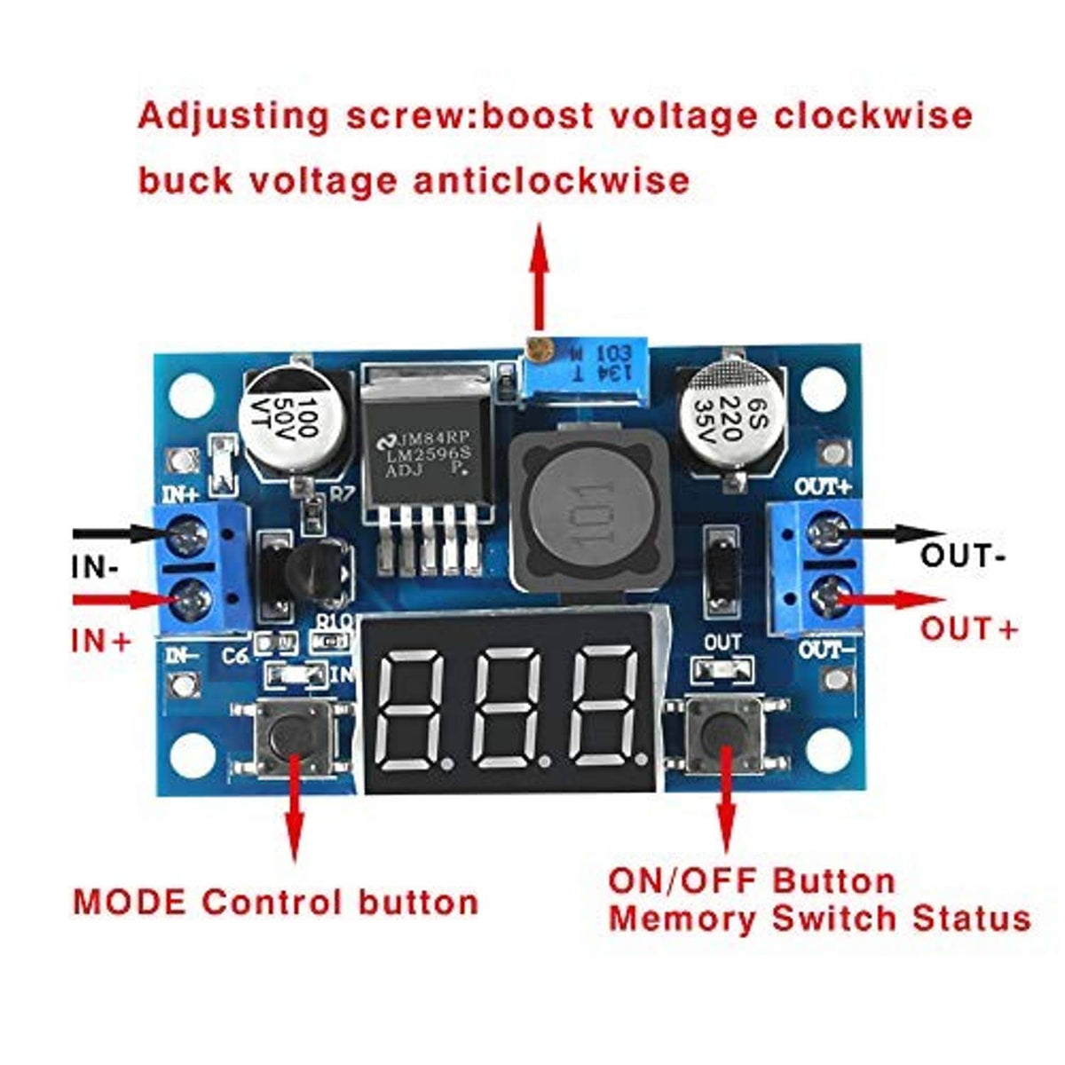 LM2596 buck converter module diagram with IN/OUT terminals, mode button, and red display