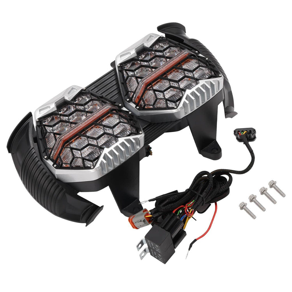 Dual LED headlight set with black and silver housings, wiring harness and screws