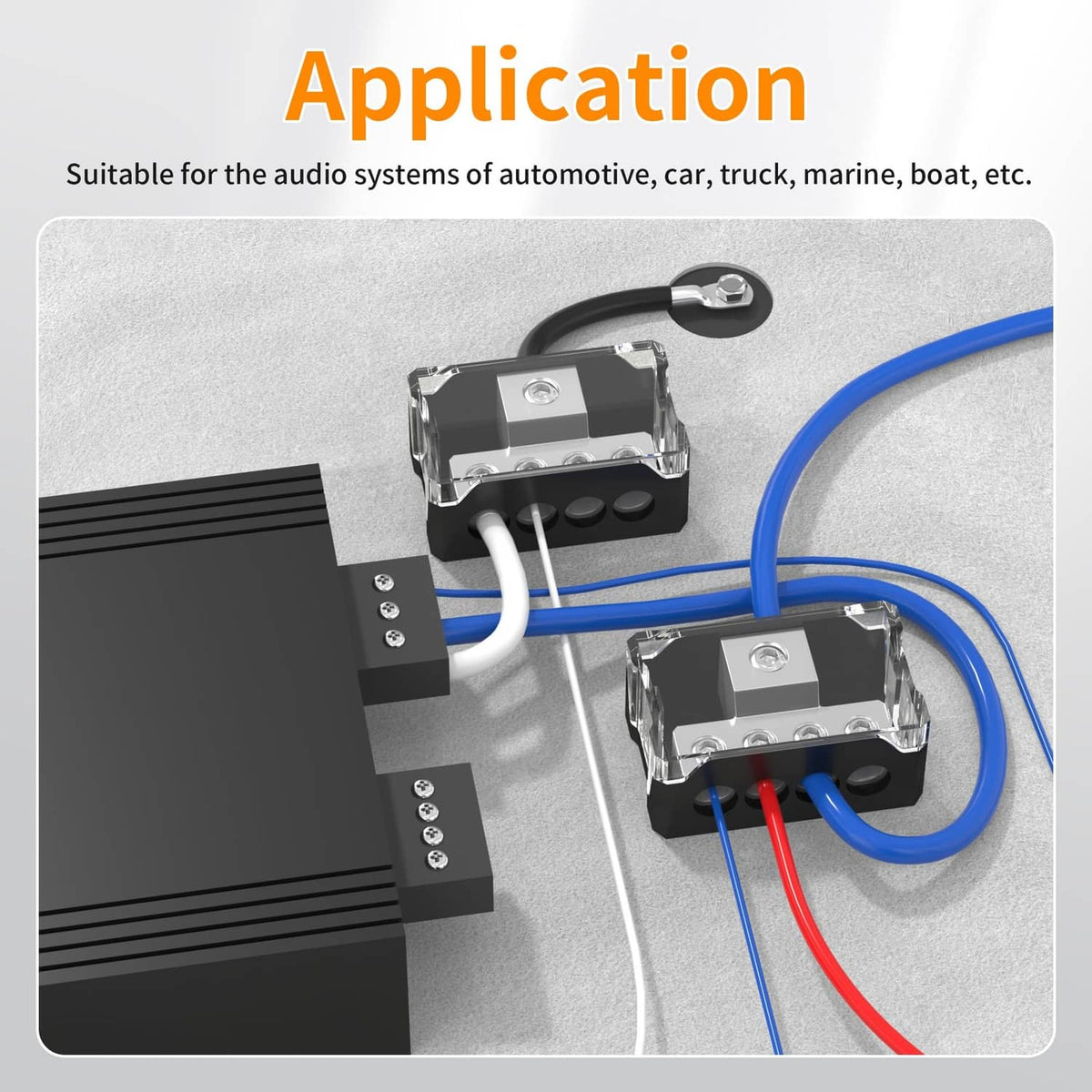 Joinfworld power distribution block mounted on wires, black base with silver screw terminals
