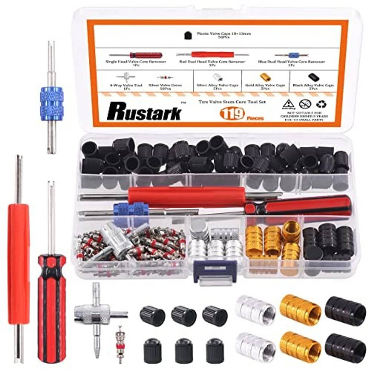 Valve core remover tool kit in clear case with red handle and assorted valve caps