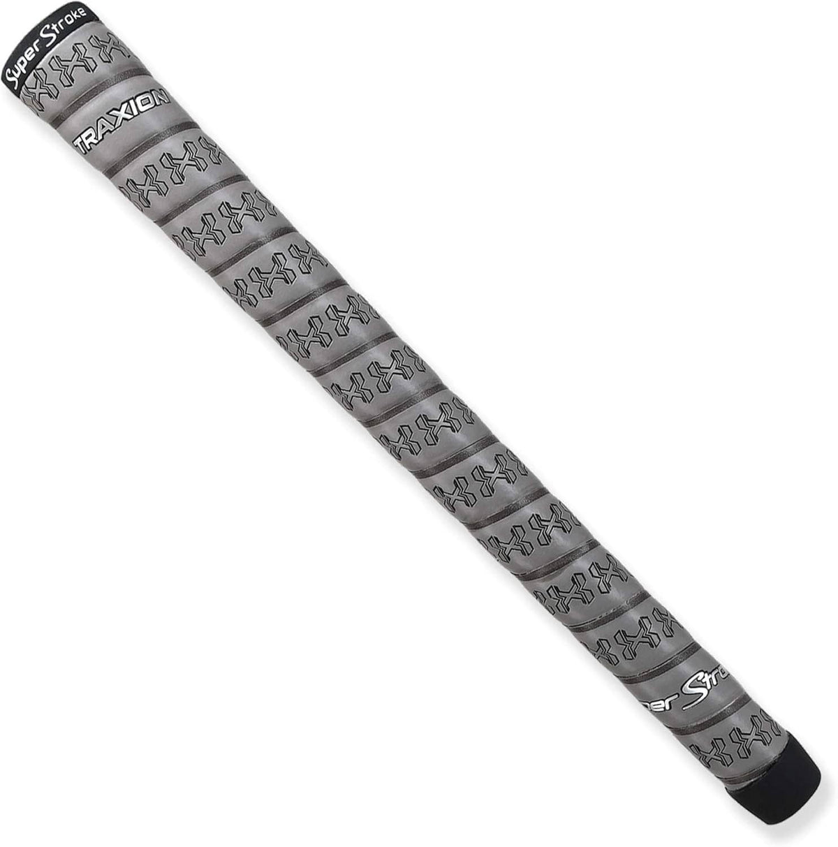 Traxion golf club grip, dark gray wrap texture with repeated X shapes and black end cap