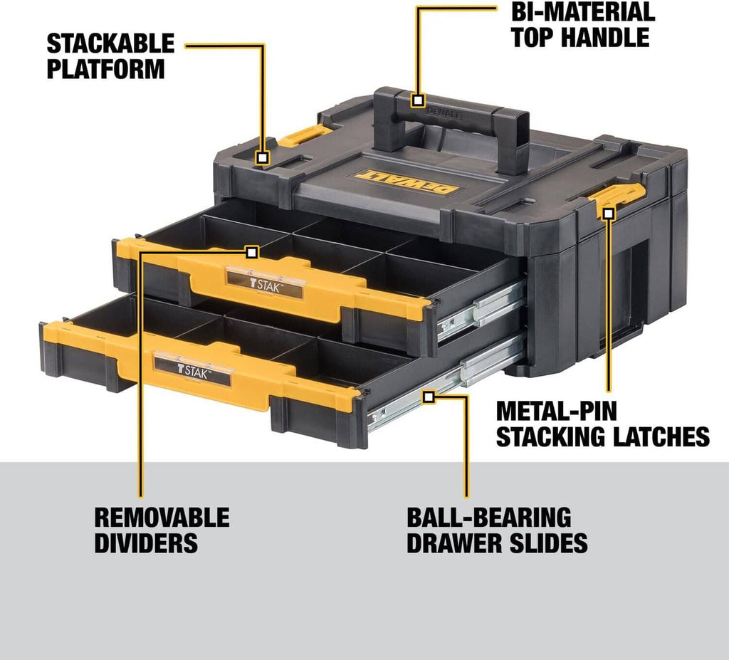 DEWALT TSTAK modular tool organizer with removable dividers and metal-pinned latches, gray