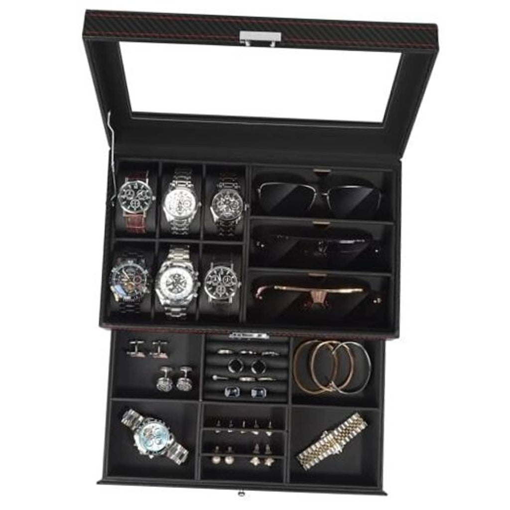 Black jewelry box with glass lid, 6 watch slots, and lower drawer compartments