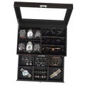 Black jewelry box with glass lid, 6 watch slots, and lower drawer compartments