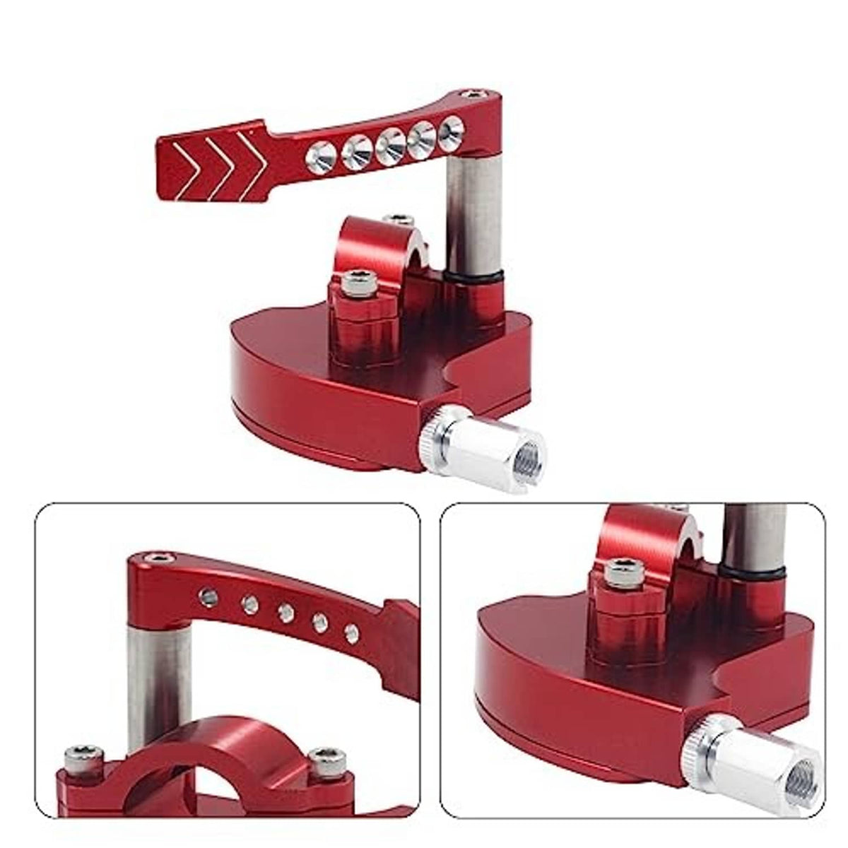 Red billet throttle thumb assembly with silver hose fittings and side mounting bracket