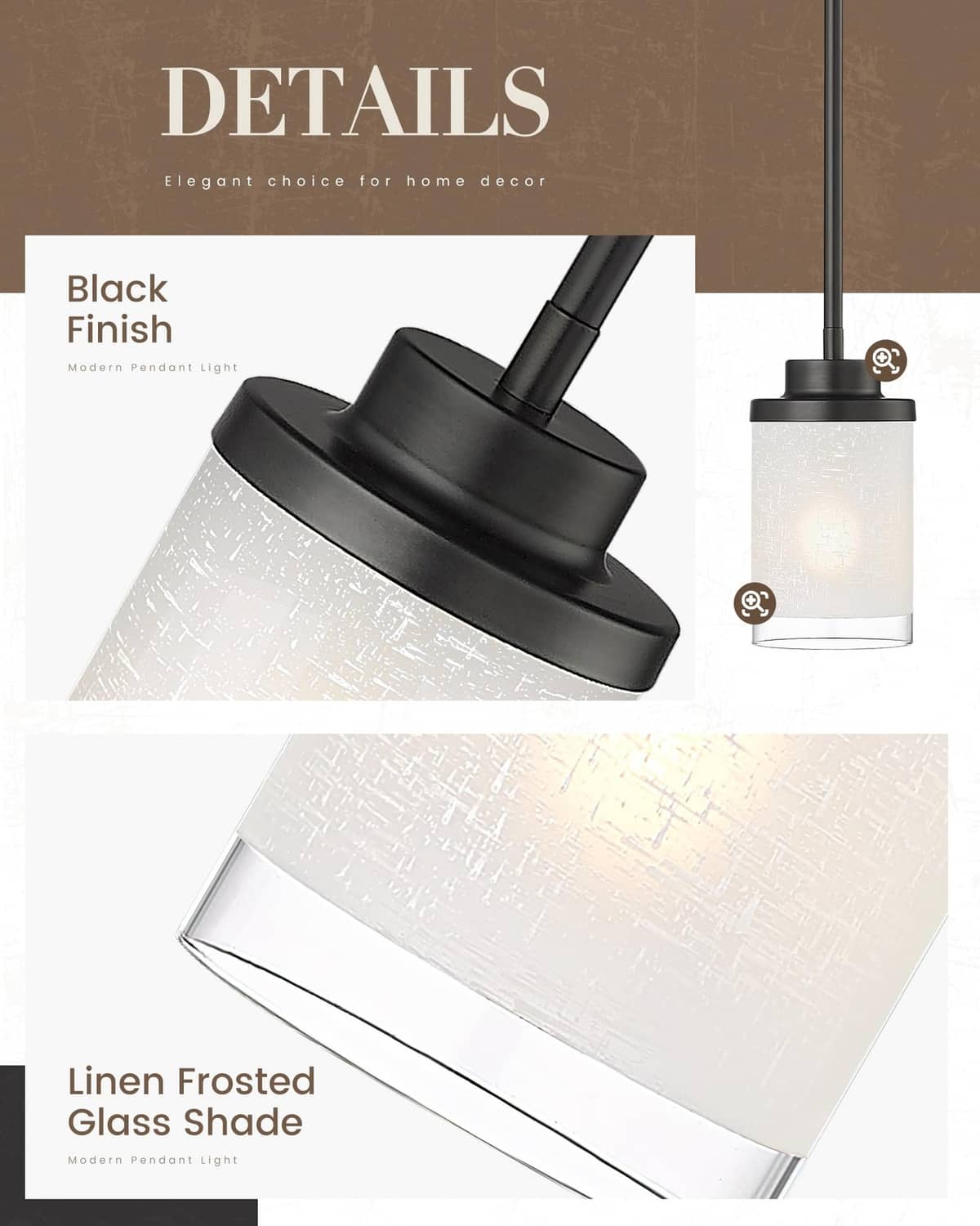 Black-finish pendant light with linen-textured frosted glass shade and flared collar.