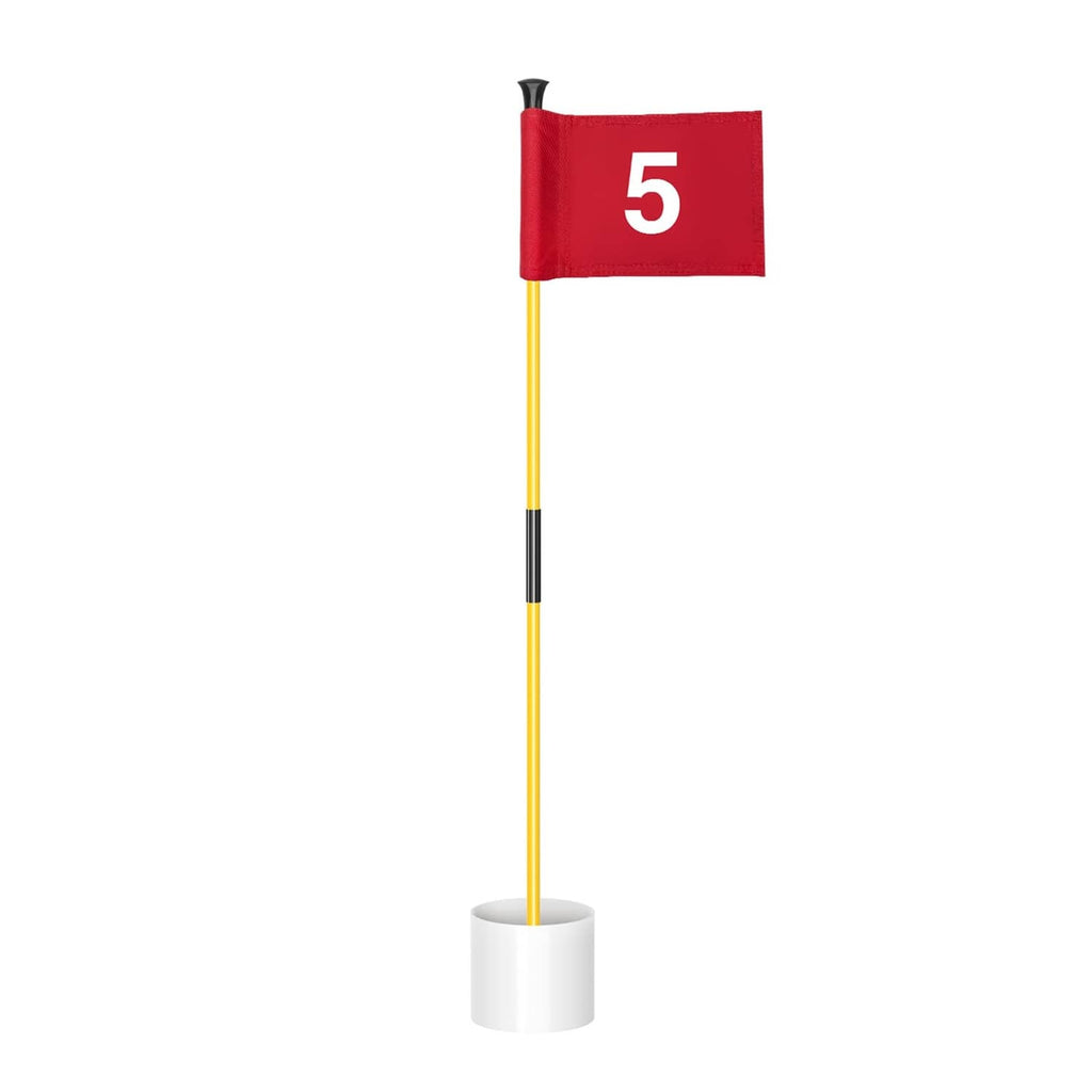 Miniature golf flagstick with yellow pole and red #5 flag for practice greens