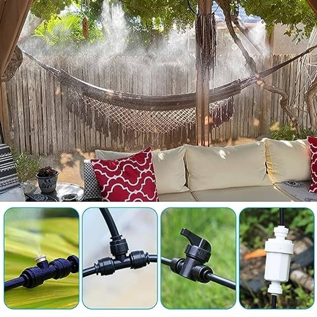 Outdoor patio misting tubing with nozzles, plus close-up white and brass connectors