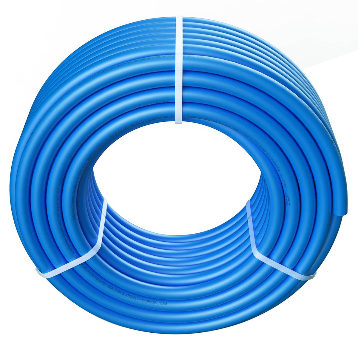 Blue PEX-A tubing coil, 3/4 in, bundled for storage and shipping