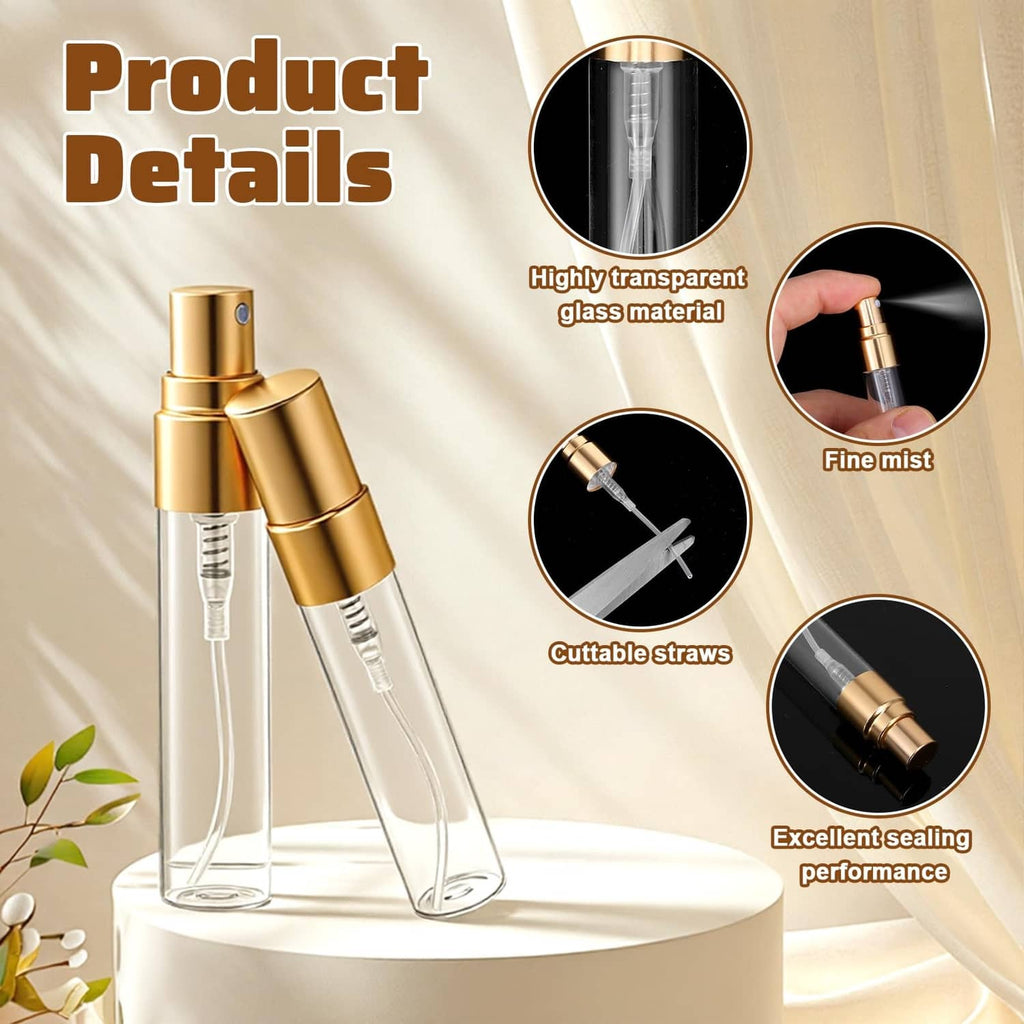 Close-up of clear glass atomizer spray bottle with gold pump cap and spray nozzle