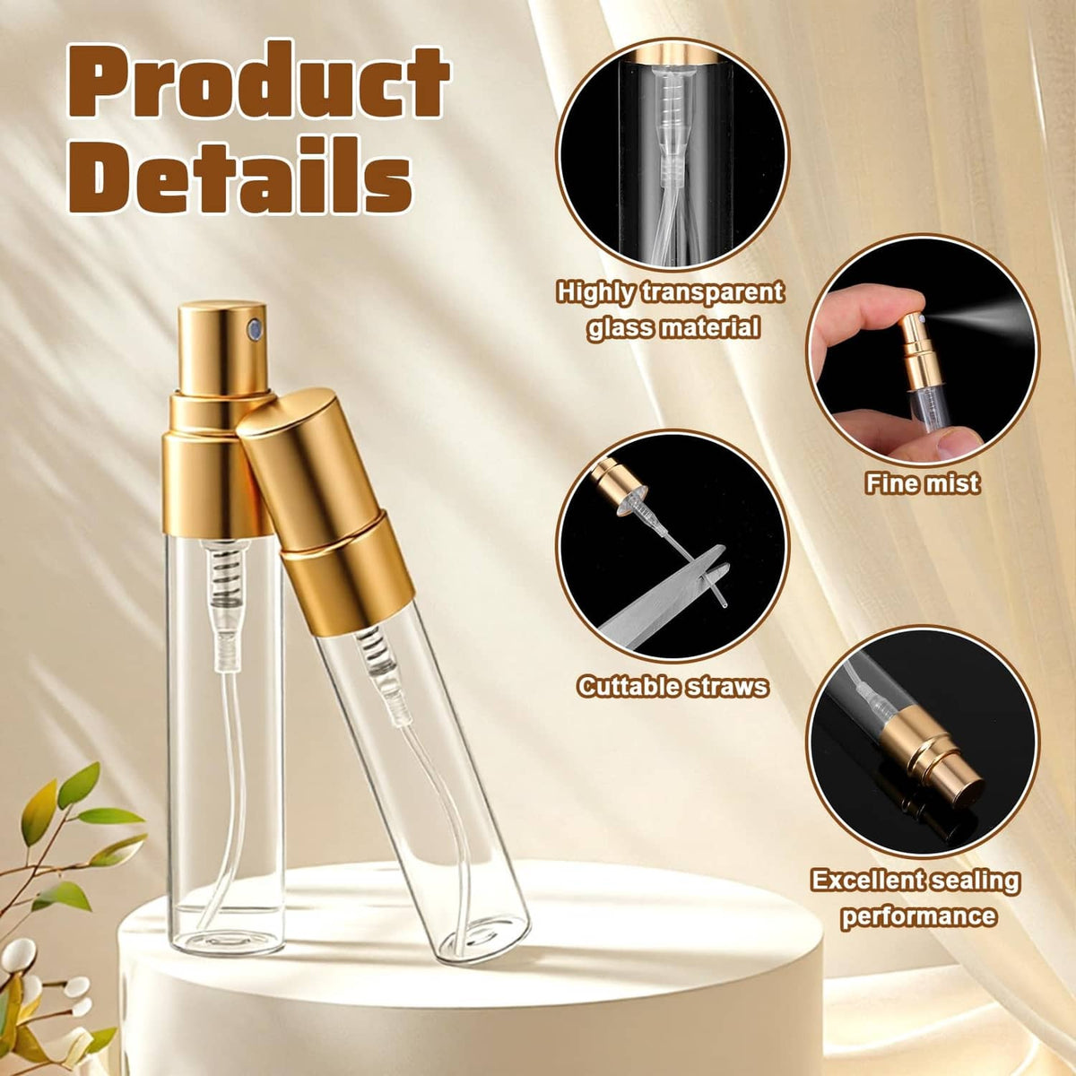 Close-up of clear glass atomizer spray bottle with gold pump cap and spray nozzle