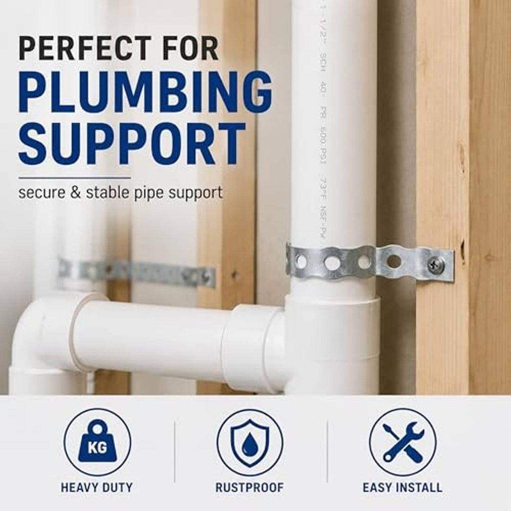 Perforated metal pipe hanger strap securing white plumbing pipe to wood