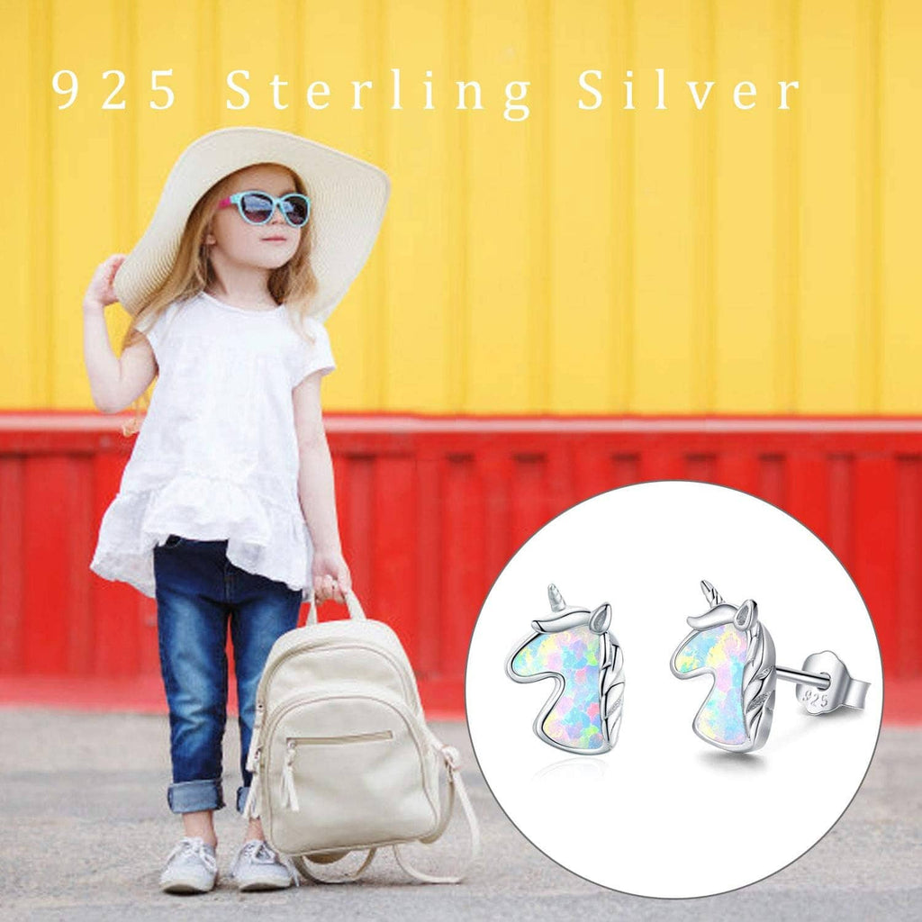 Unicorn stud earrings in sterling silver with iridescent opal-colored inlay