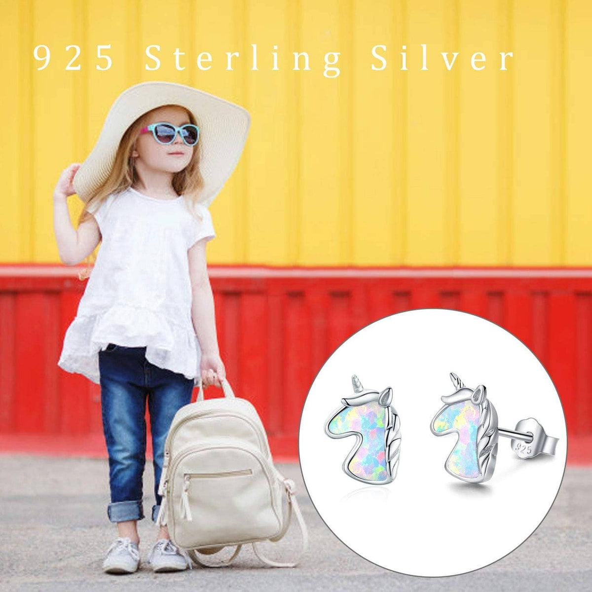 Unicorn stud earrings in sterling silver with iridescent opal-colored inlay