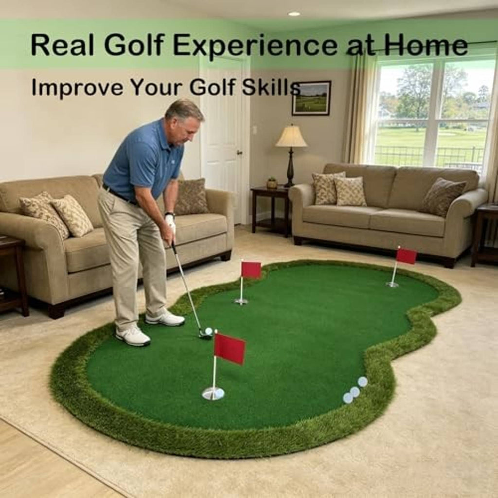 Golf putting green mat with three red flags and a putter