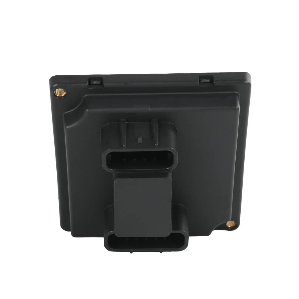 Black headlight relay module rear view with central connector and mounting posts