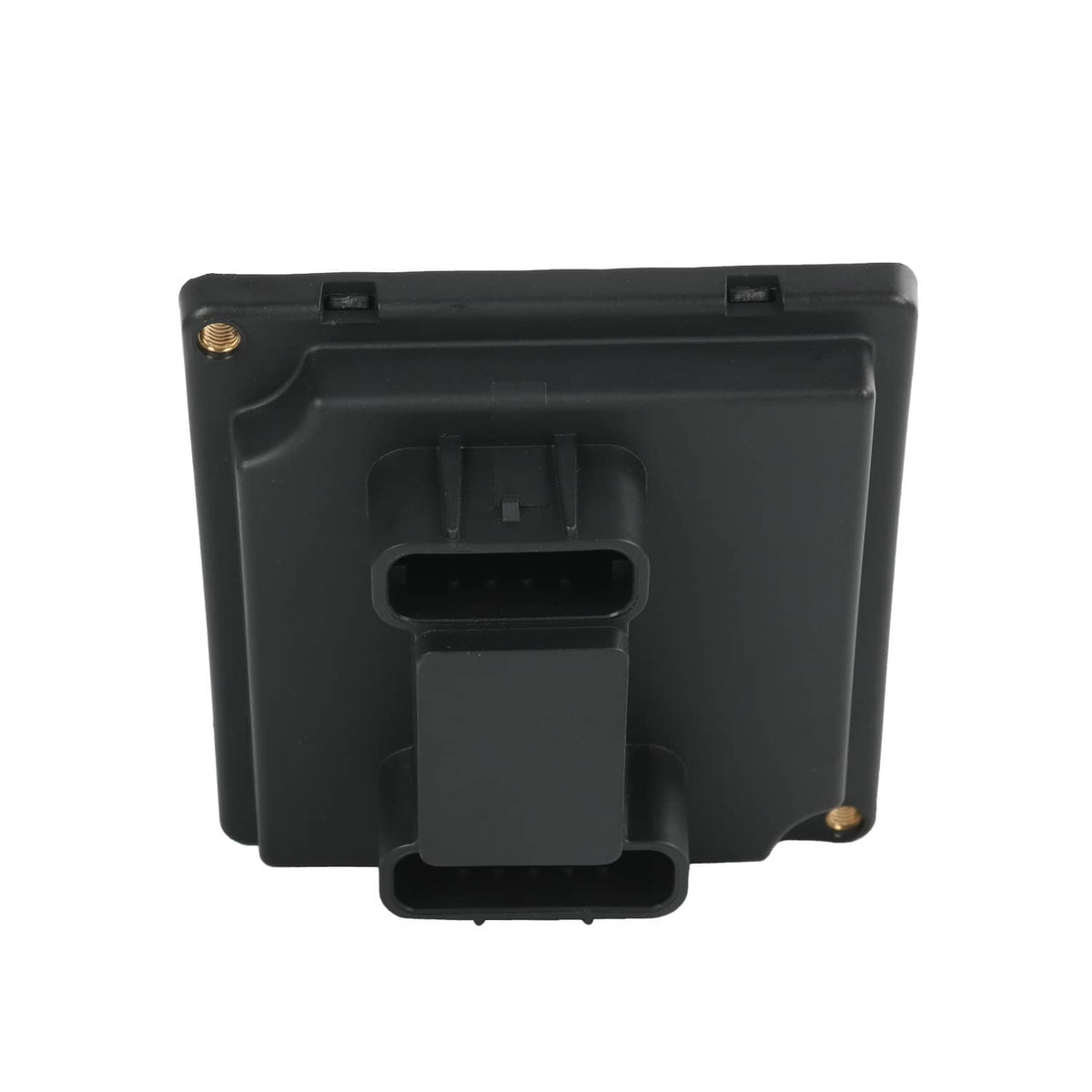 Black headlight relay module rear view with central connector and mounting posts