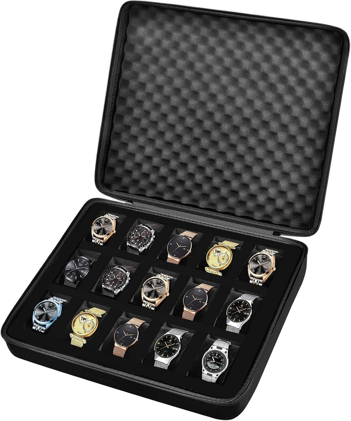 Black 15-slot watch organizer case open, showing multiple watch compartments