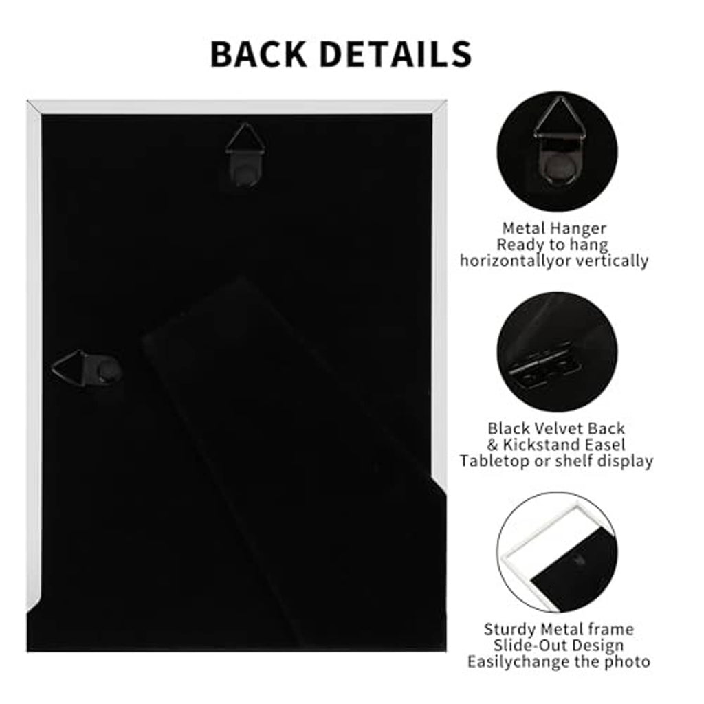 Silver metal picture frame back with black velvet backing, hangers, and slide-out design