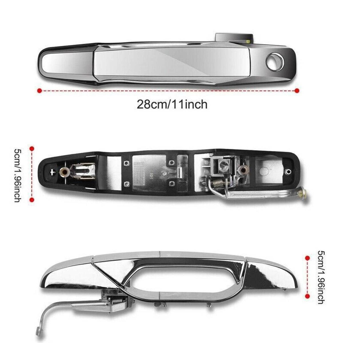 Chrome exterior door handle with internal components visible, including latch and spring