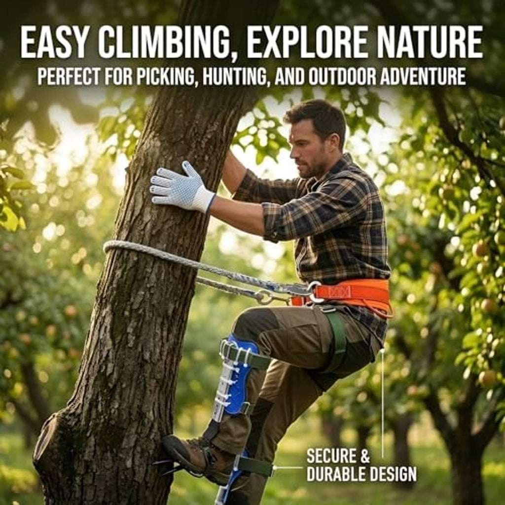 Tree climbing spikes harness worn by person on tree with blue legs and orange belt