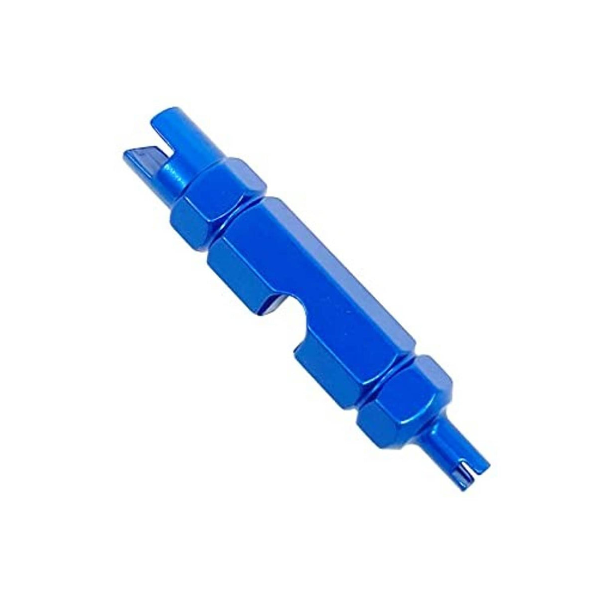 Blue metal valve core remover tool with dual-prong tip for bike tires