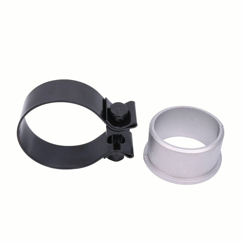 Black exhaust tip clamp with mounting hardware and silver trim ring