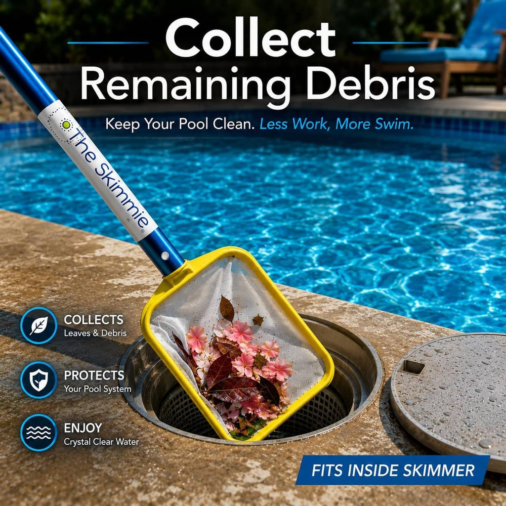 Yellow debris collection skimmer basket resting on pool edge with blue handle.