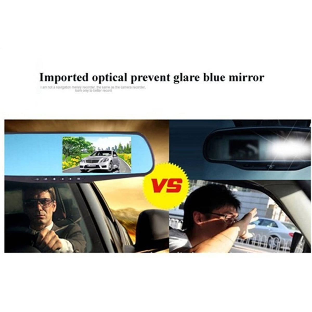 Rearview mirror dash cam with split-screen preview showing car driving views