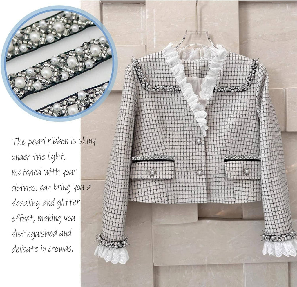 Pearl beaded lace trim ribbon used as a decorative trim on a jacket hem