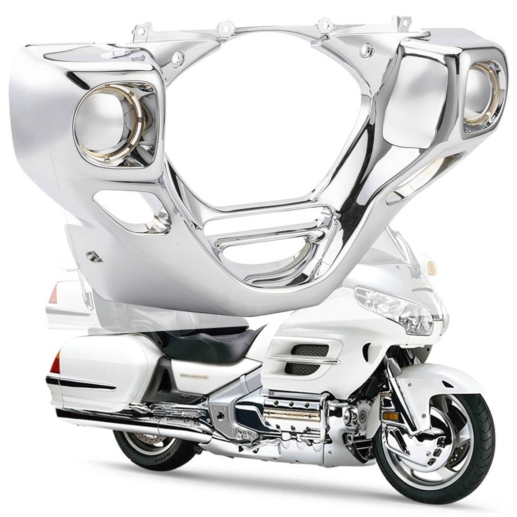 Chrome engine front cowl cover for motorcycle, with round side openings and central cutout