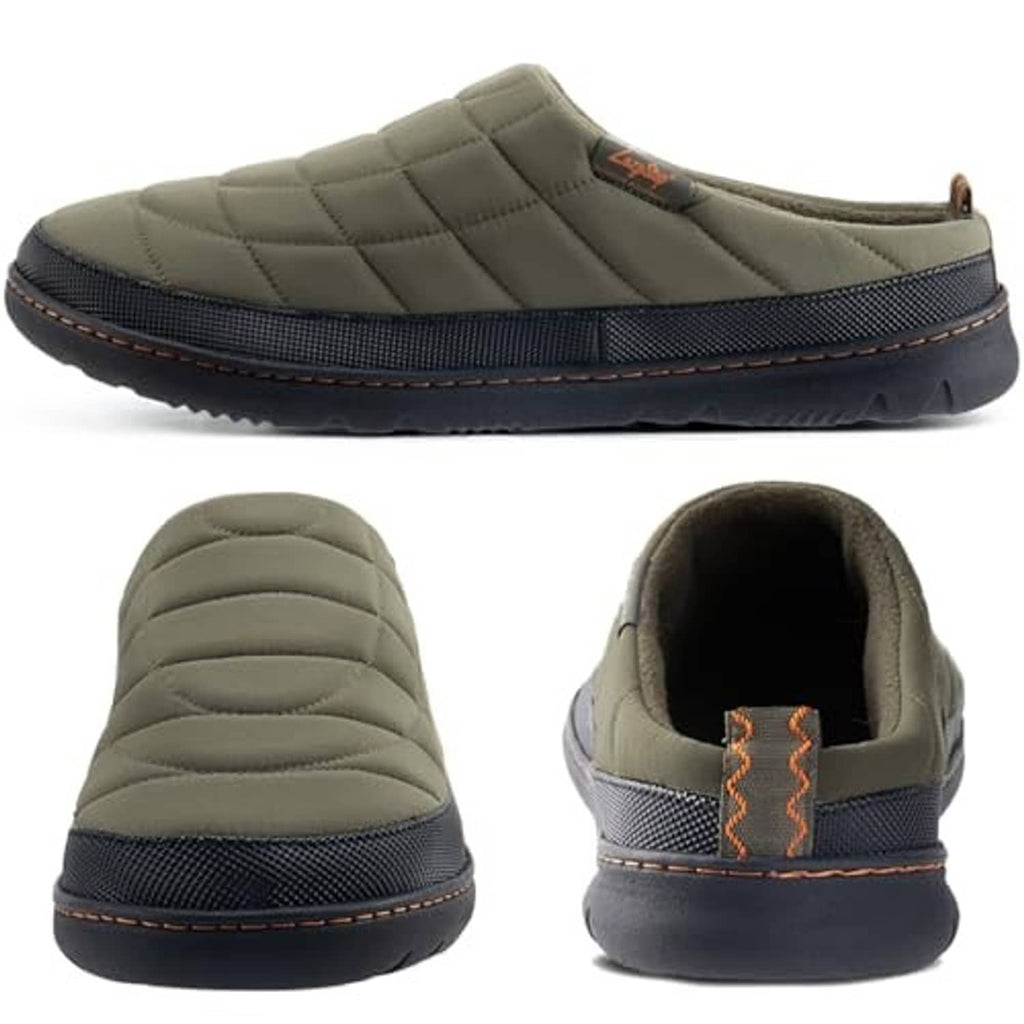 Men's olive green slip-on slippers, side and heel views with padded collar and stitch trim