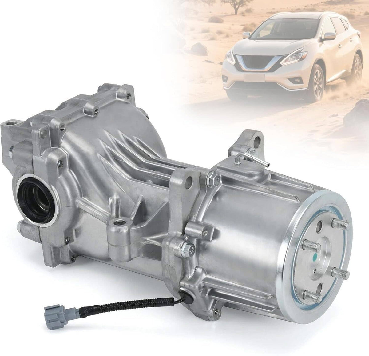 Rear differential carrier and transfer housing assembly, silver metal, side mounting flange