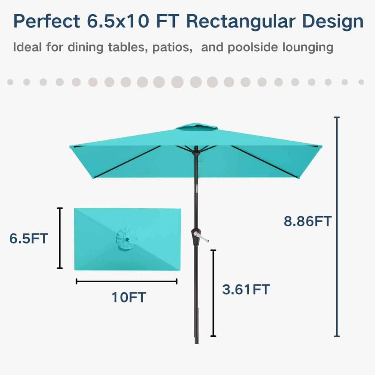 Teal 6.5x10 ft rectangular patio umbrella with center pole and canopy ribs
