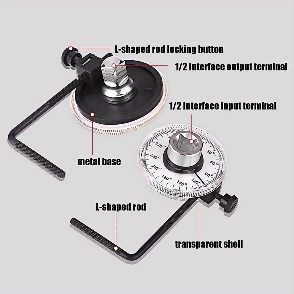 Torque angle gauge with metal base, L-shaped rod, and transparent shell over dial