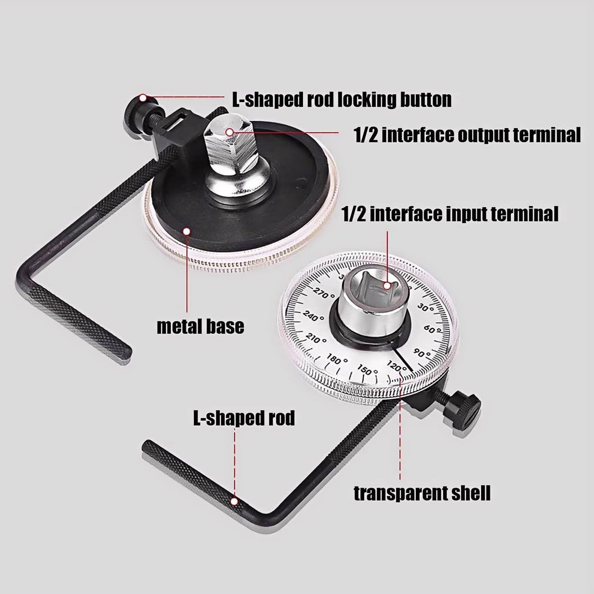 Torque angle gauge with metal base, L-shaped rod, and transparent shell over dial