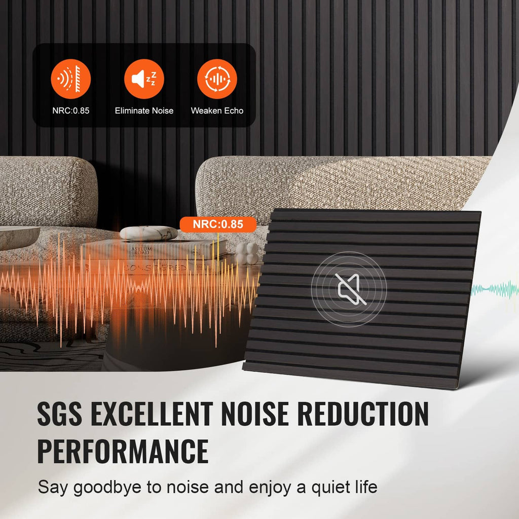 Black oak wood slat acoustic panel, wide view for noise reduction