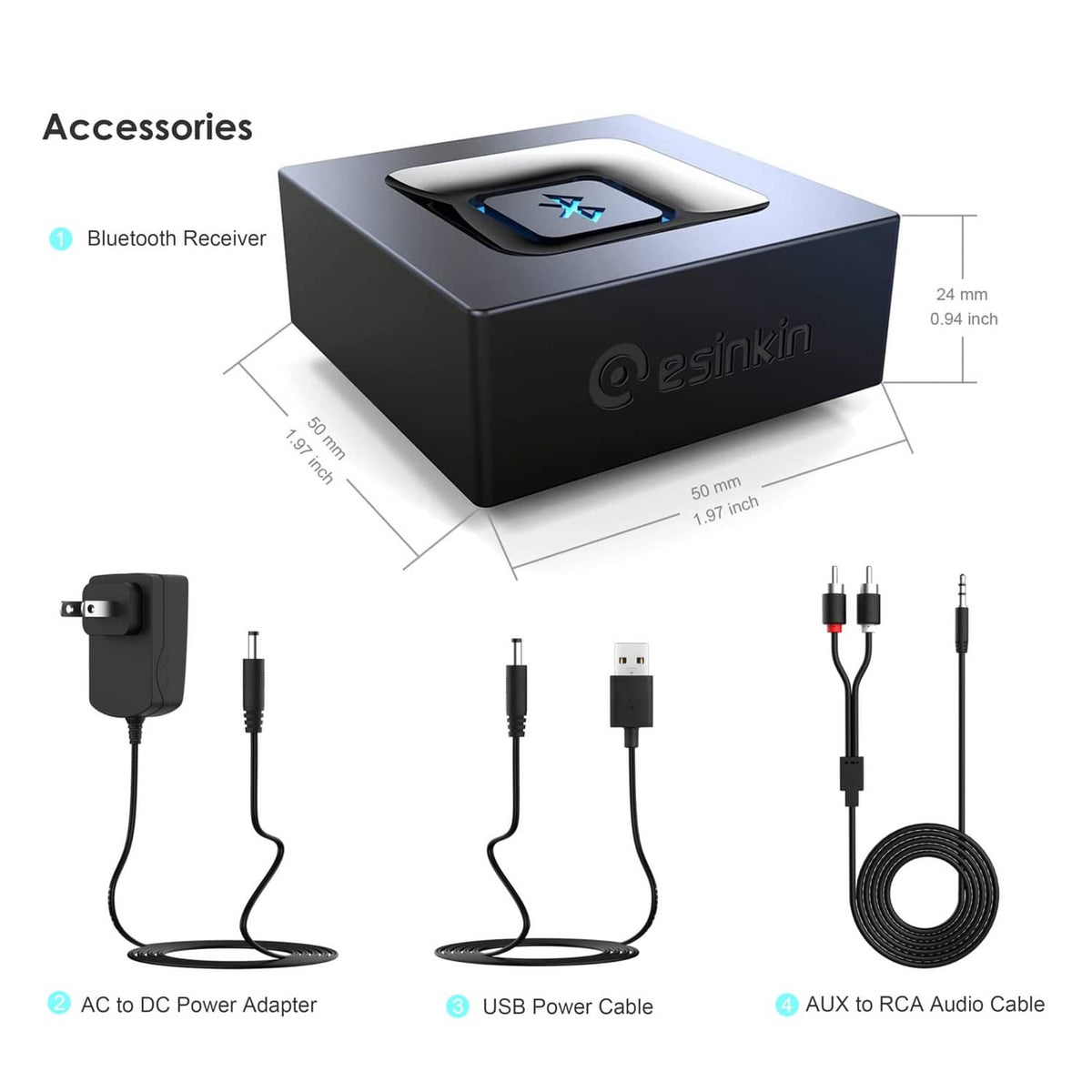 Bluetooth audio adapter accessories with power adapter and audio cables