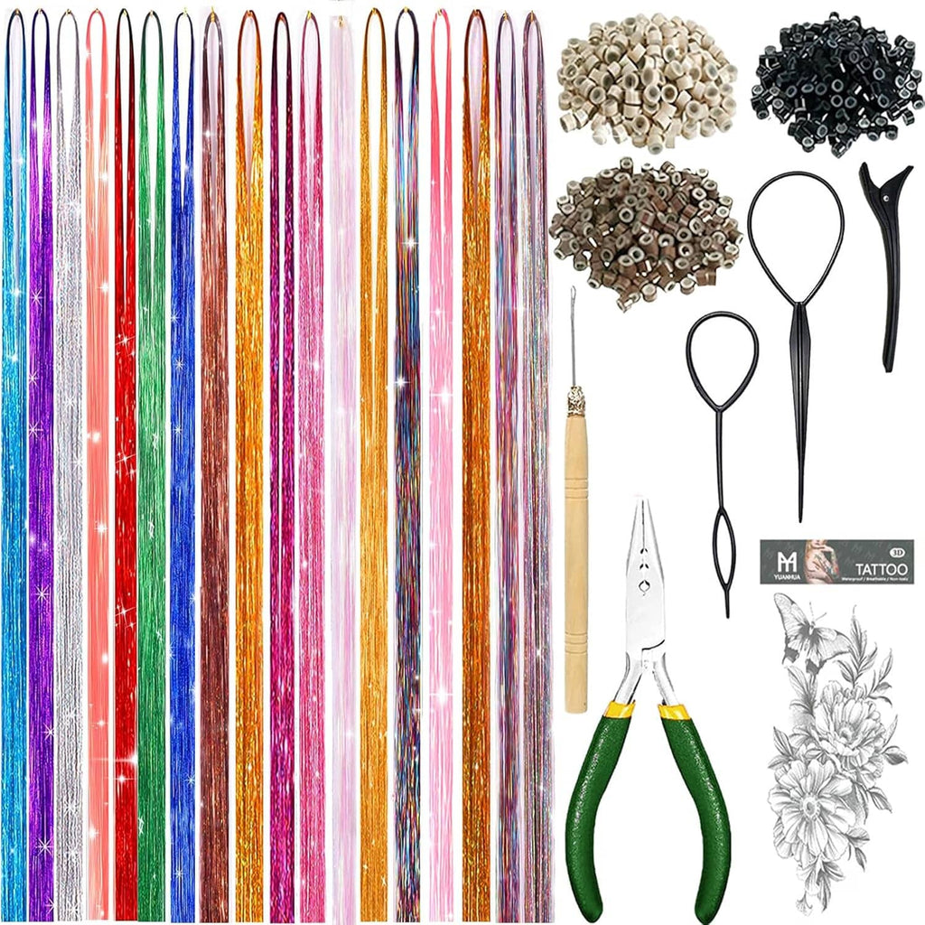 Hair tinsel kit with colorful strands, bead rolls, and installation tools
